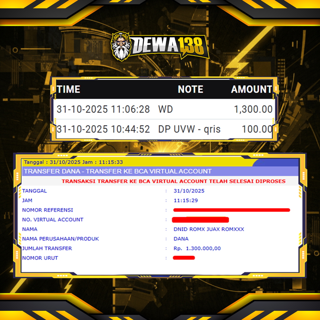 DEWA138: Memberikan Bukti Member Baru Depo 100k Withdraw 1,3 Juta Hari Ini